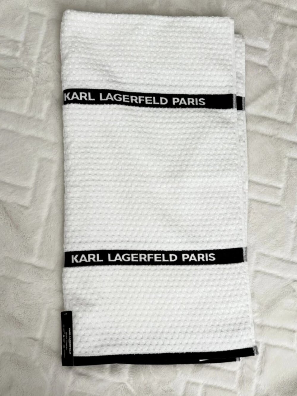 Karl Lagerfeld Paris Bath Towel Cotton Waffle-Like White Black Stripe NWT